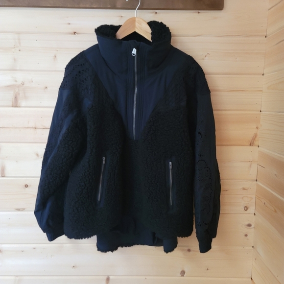 Free People,  Seaside Crocheted Sherpa Fleece Jacket in Black, Size S -NWOT - Picture 6 of 15